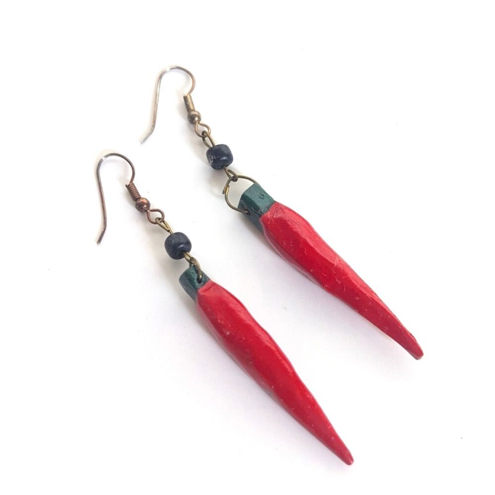 Vintage Artisan Made Carved Wooden Figural Whimsy Chili Pepper Dangle Earrings